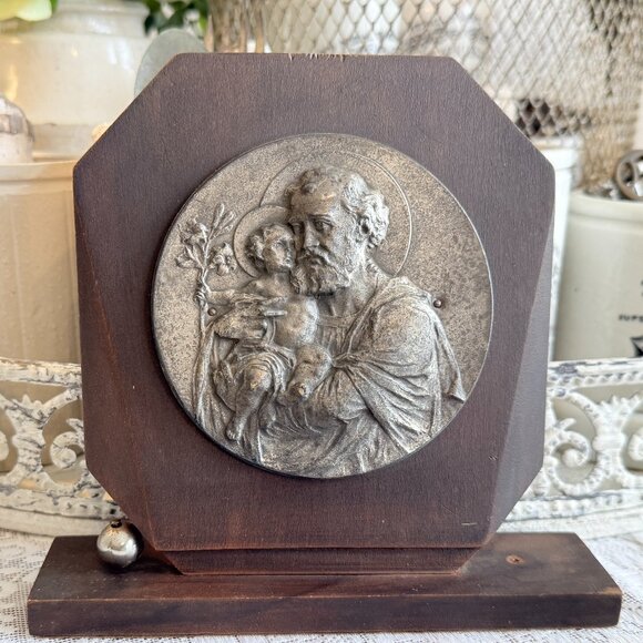 1920s Antique Religious Metal and Wood Saint Joeseph and Child Jesus - Picture 9 of 10